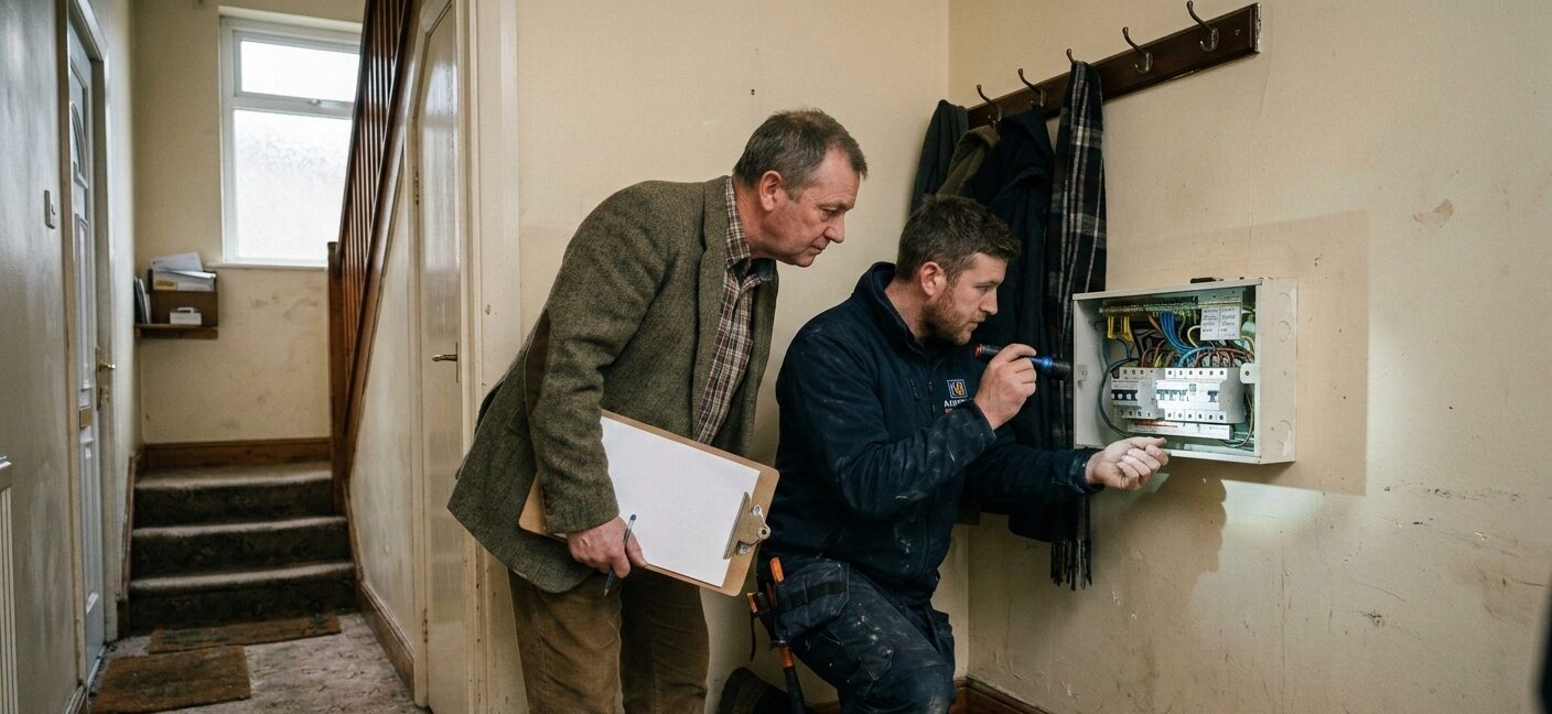 Landlord observing electrician checking a consumer unit during an electrical safety inspection inside a rented property hallway in Northern Ireland.
